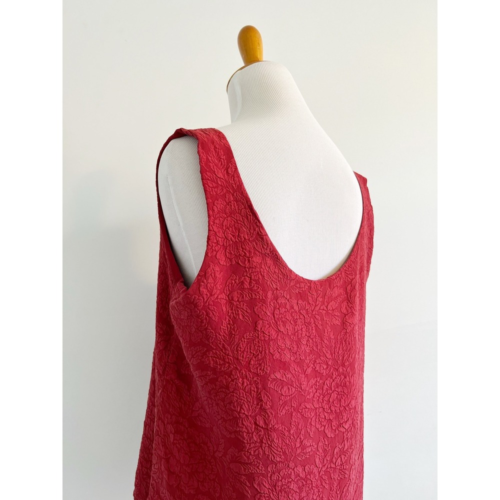 Vintage Red Silk Floral Textured Tank Top Jacquard Washed Silk Sleeveless Blouse - Picture 8 of 11
